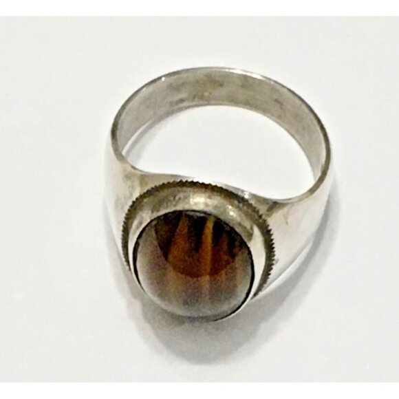 Vintage Sterling Silver Tiger’s  Eye Ring Oval Cabochon  Men Women Size 11 1/2 - Picture 1 of 4
